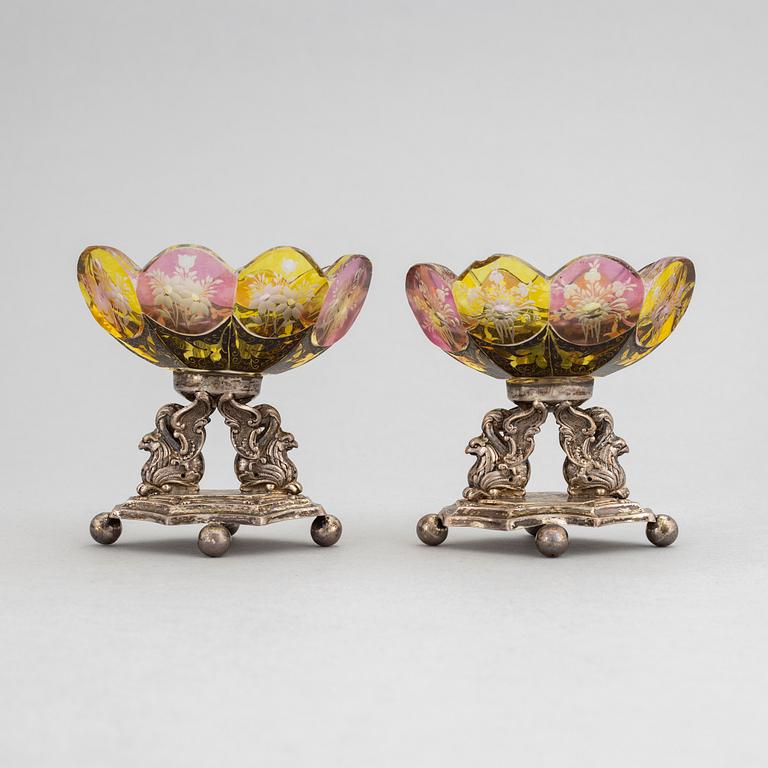 Carl Petter Norlin, a pair of silver and glass salt cellars, Malmö, 1840.