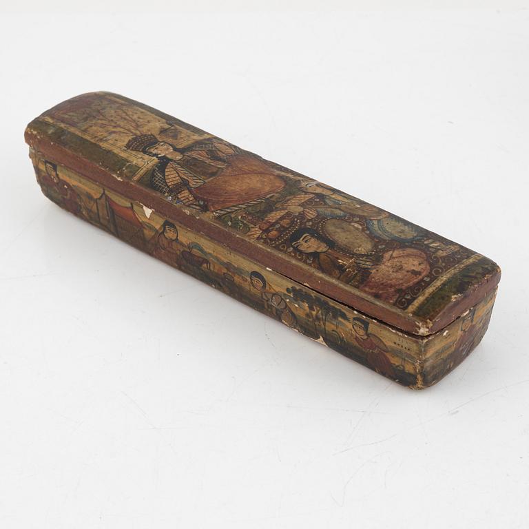 A painted box, India, early 20th Century. Accompanied by 4 Japanese and Chinese fans.