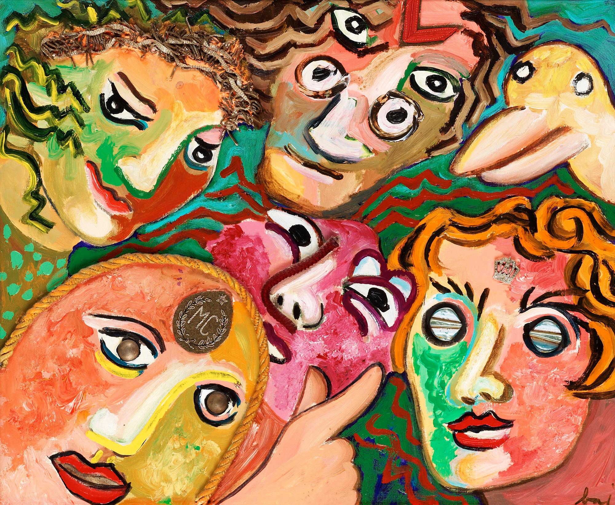 Enrico Baj, Composition with faces and bird.