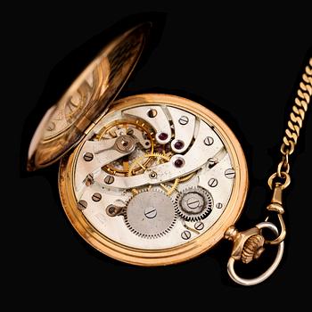 FICKUR, 14 k guld med kedja 18 k guld, savonett,märkt Linderoth, Stockholm, 1930/40-tal. Tot vikt med urverk ca 90 gram.