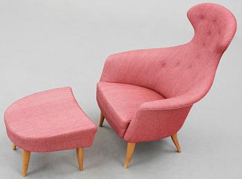 KERSTIN HÖRLIN-HOLMQUIST, fåtölj med fotpall, "Stora Eva", Triva-serien, NKs verkstäder i Nyköping, 1950-60-tal.