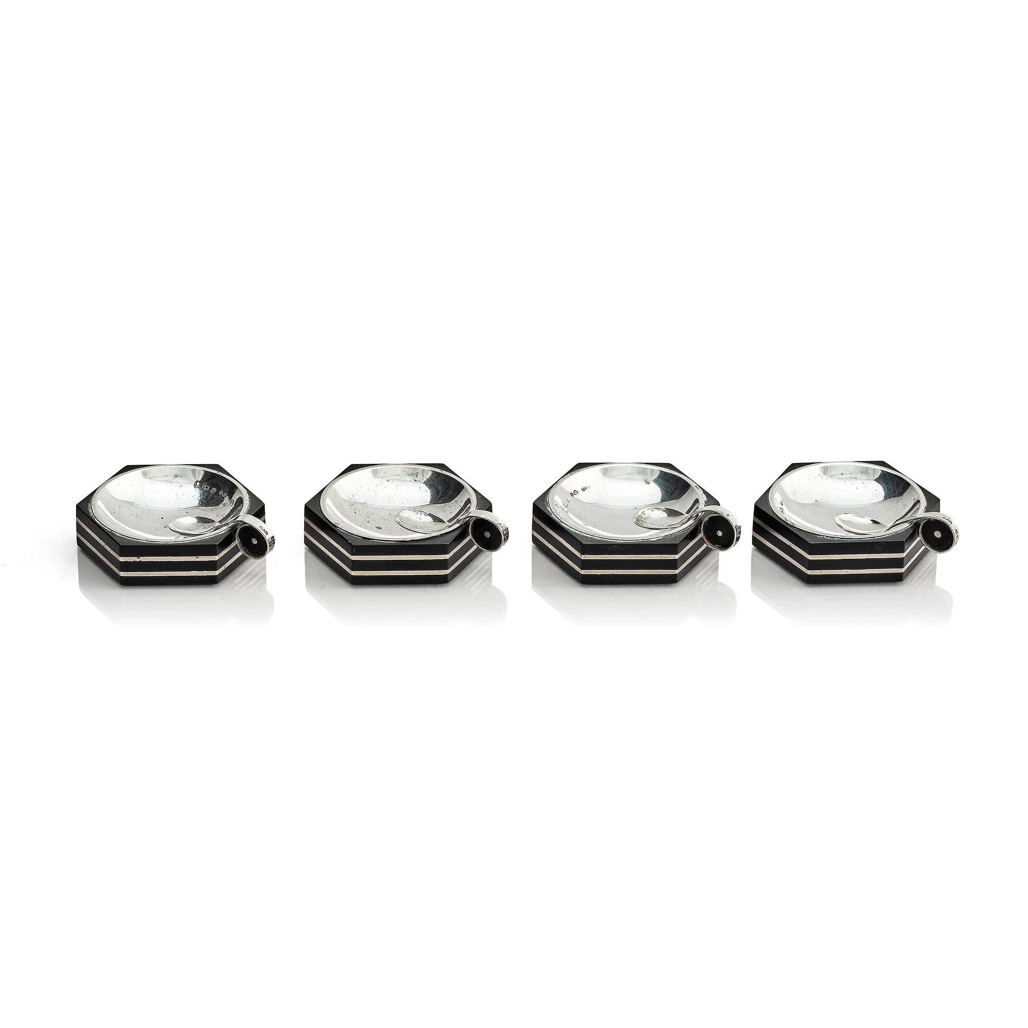 Guldsmedsaktiebolaget (GAB), four silver and bakelite salt-cellars, design by Eric Pihlgren, Stockholm, Sweden 1938.