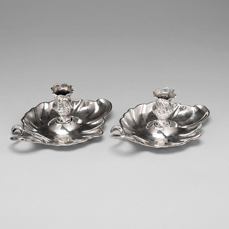 A pair of Swedish 18th century silver chamber-candlesticks, mark of Petter Lund Stockholm 1756.