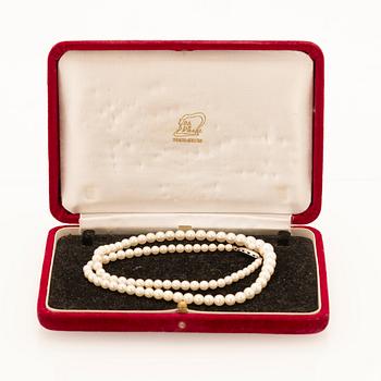Necklace of graduated cultured pearls with a silver clasp.