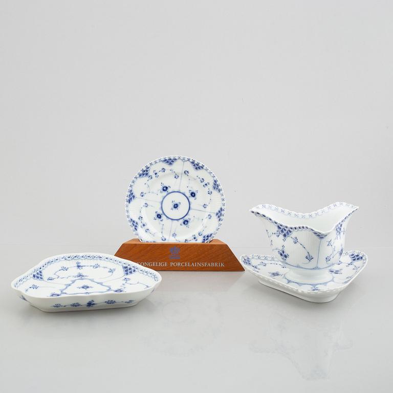 Two dishes and a sauce bowl, porcelain, "Blue fluted" / "Musselmalet", Royal Copenhagen, part 19th century.