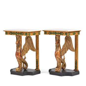 393. A pair of giltwood console tables, Empire-style incorporating older elements.