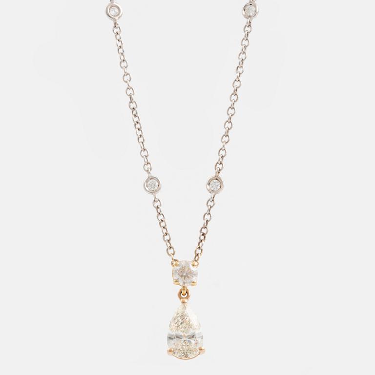 Necklace with pear-shaped diamond and brilliant-cut diamonds.