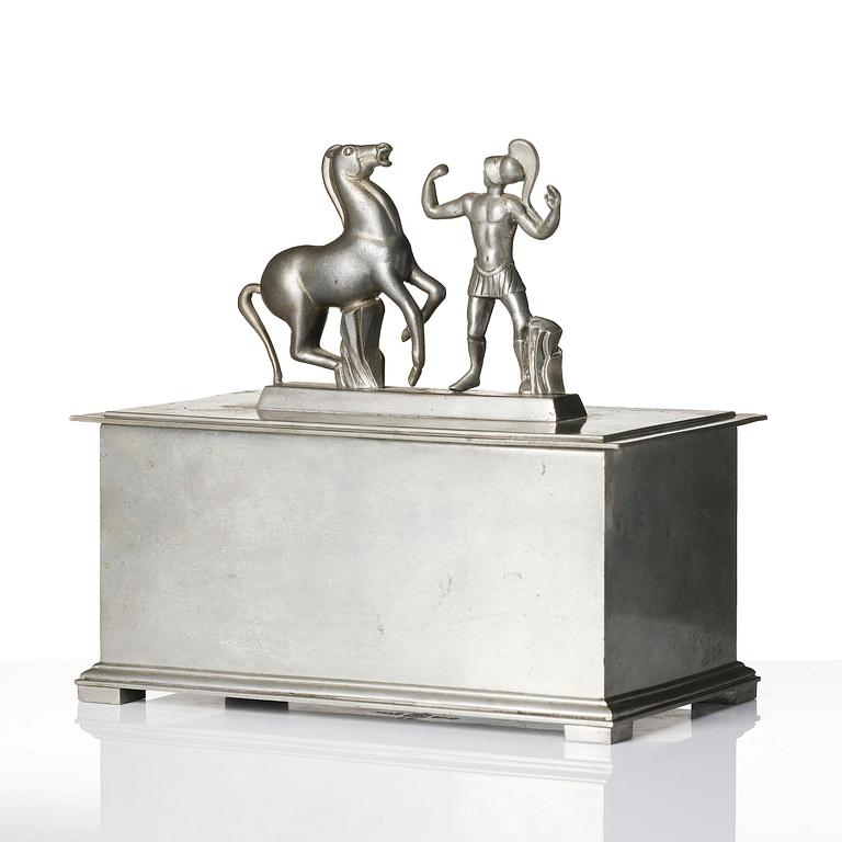 Oscar Antonsson, a "Hästbetvingaren" (Tamer of Horses) pewter box, Ystad-Metall, Sweden, 1932.