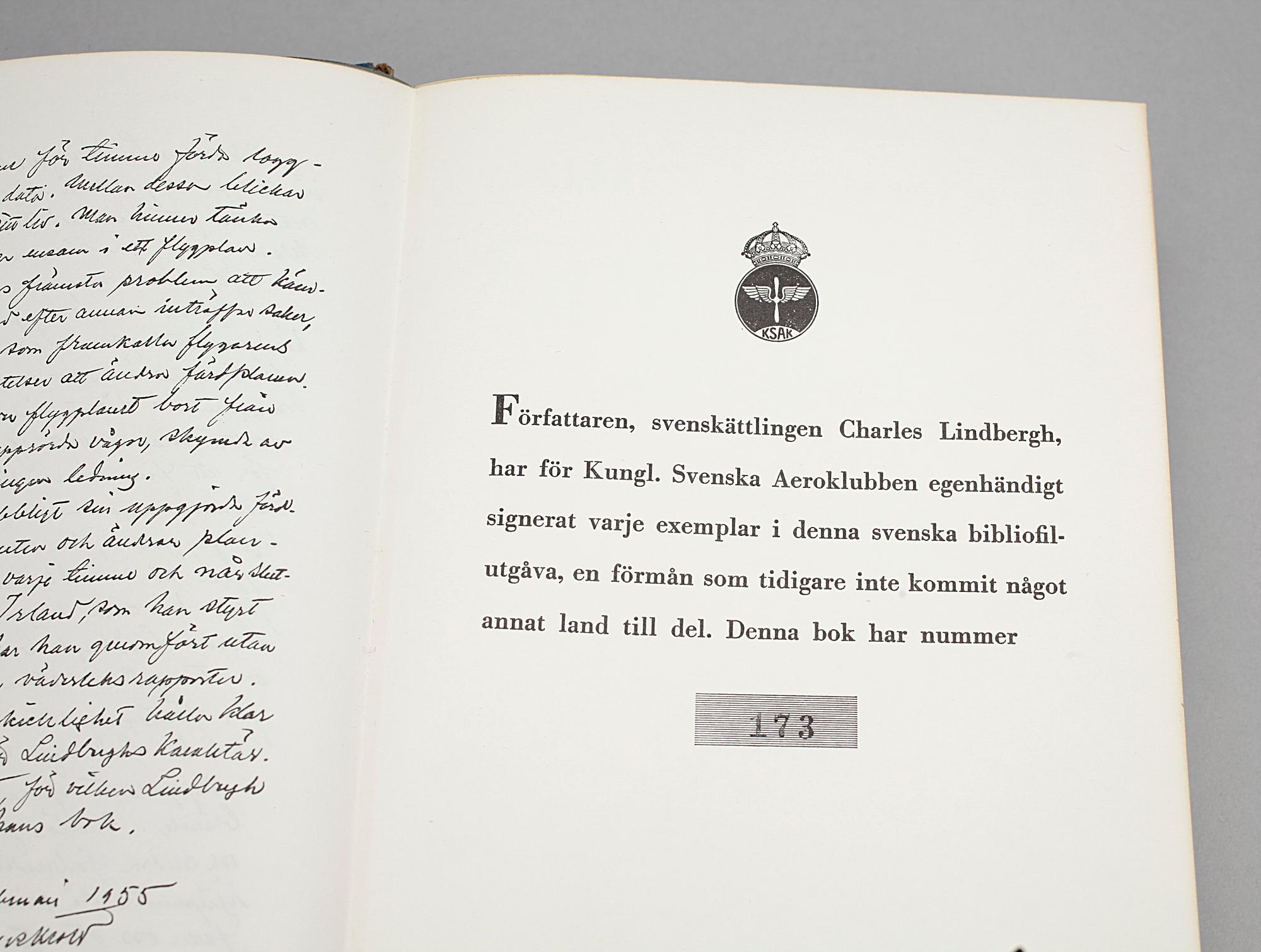 BOK, "Spirit of st Louis", Charles Lindberg Albert Bonniers förlag, Stockholm, egenhändigt signerad av författaren, 1954.