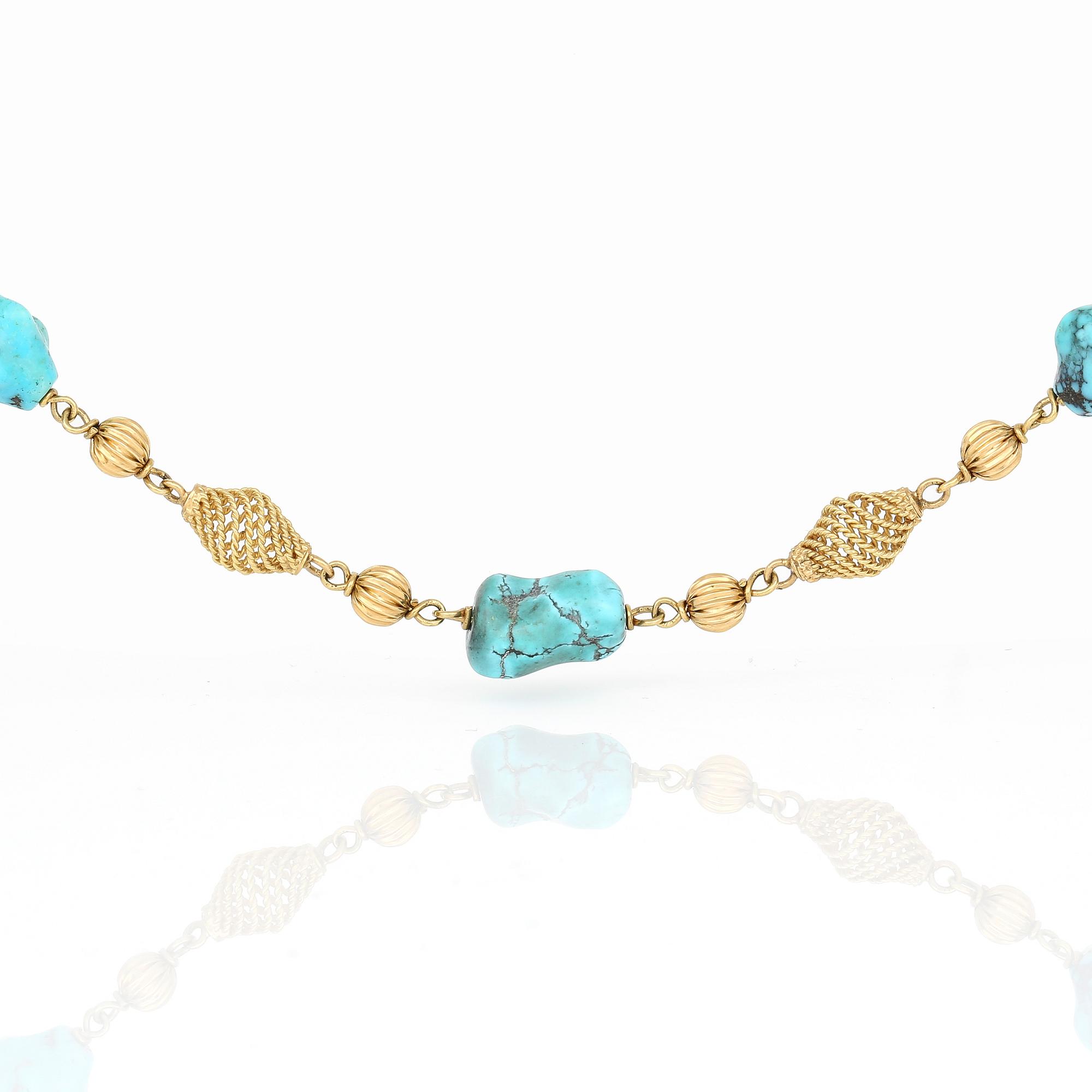HALSBAND, 18K guld med ofasetterade turkoser.  Total vikt ca 36 g.