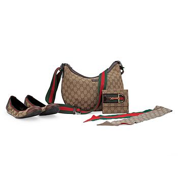 369. GUCCI, beige monogram canvas ballerina shoes, wallet, scarf and a shoulder bag.