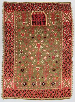 A Finnish folkart long pile ryijy-rug/ blanket dated 1839. Circa 175 x 125 cm.