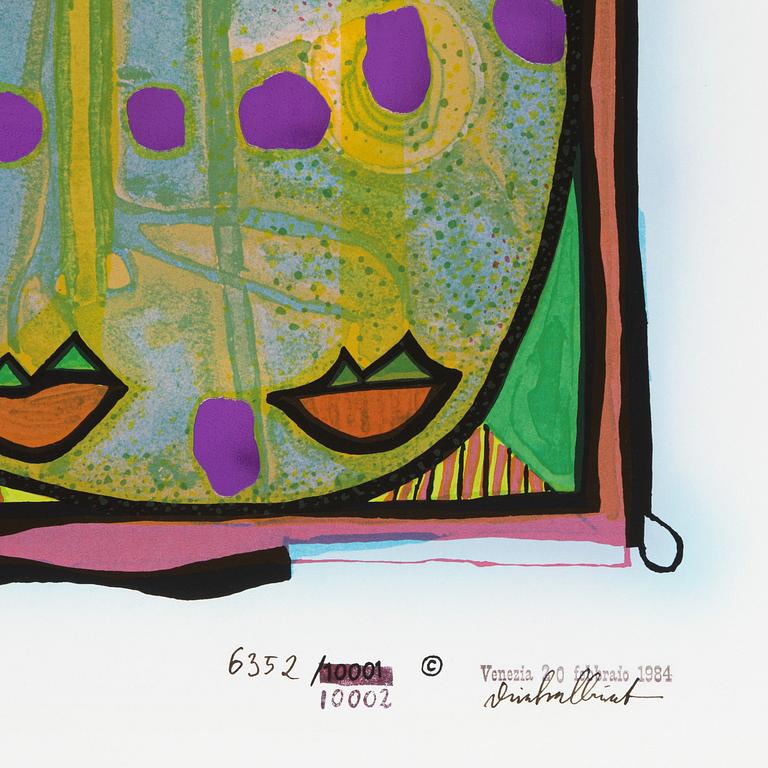 Friedensreich Hundertwasser, photo lithograph and silk screen with metal embossing, 1984. Signed and numbered 6352/10002.