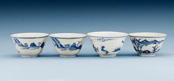1707. A set of four blue and white wine cups, 17th Century.