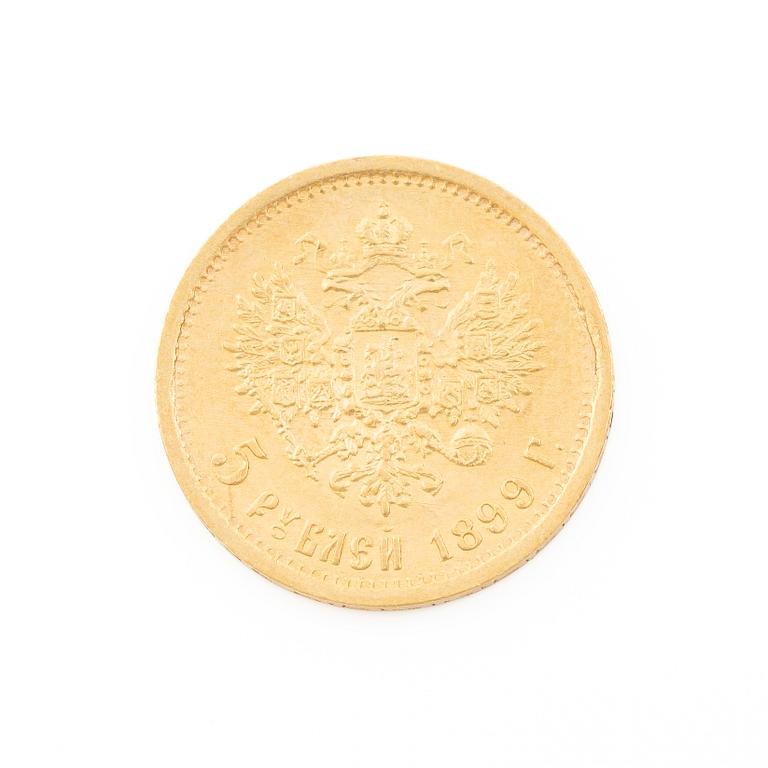 Gold coin, Nicholas II, Russia, 5 Rubles, 1899.