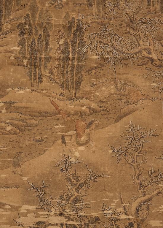 A hanging scroll of a river and mountain landscape in the style of Liu Songnian (1155-1218), Qing dynasty, 19th century.