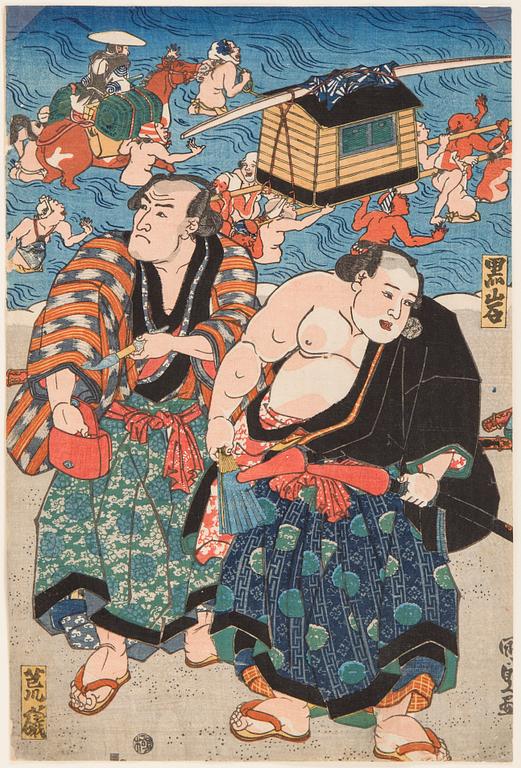 UTAGAWA KUNISADA, (1786-1864), färgträsnitt. Japan, ca 1840. "Kuroiwa och Araiso".