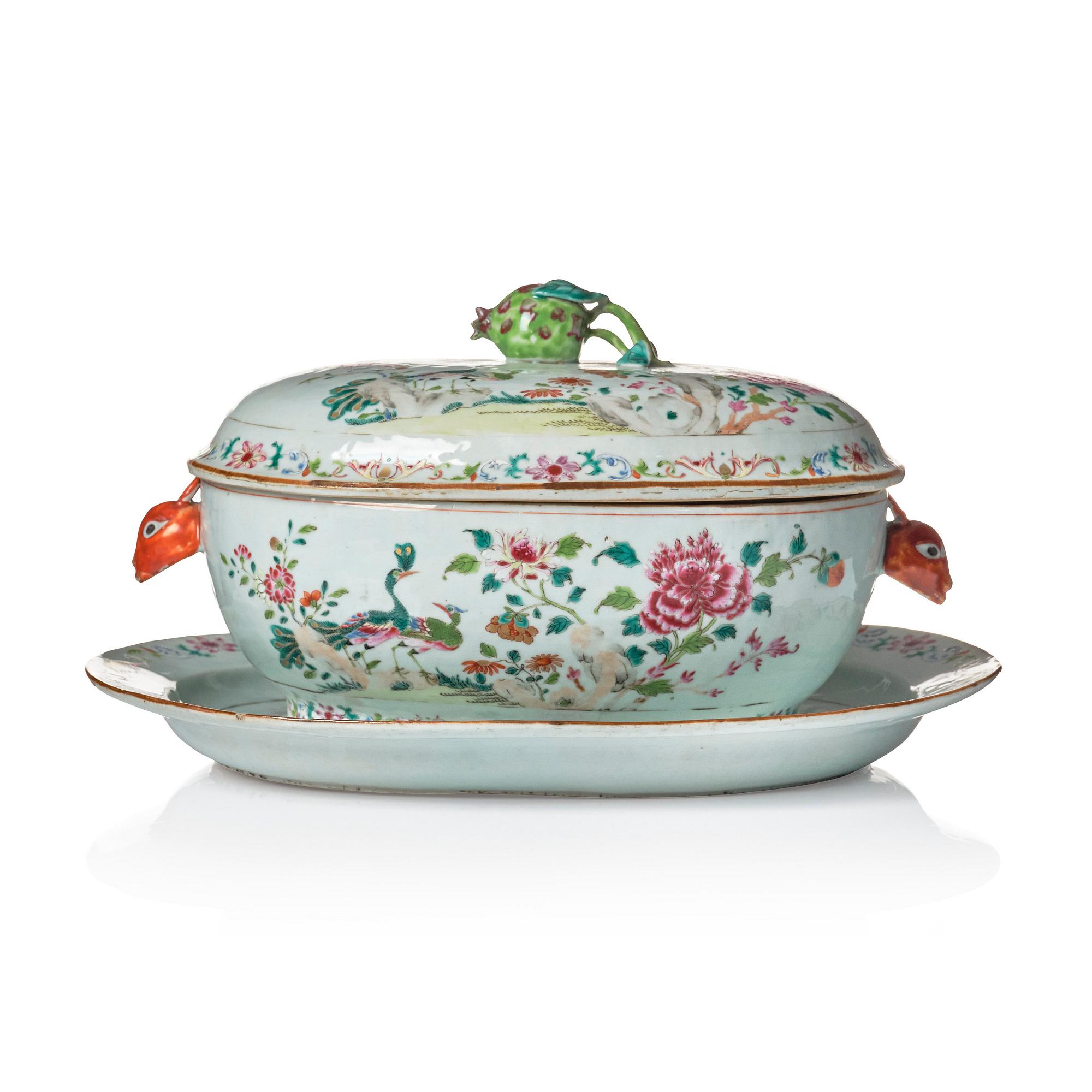 A famille rose 'double peacock' tureen with cover and stand. Qing dynasty, Qianlong (1736-95).