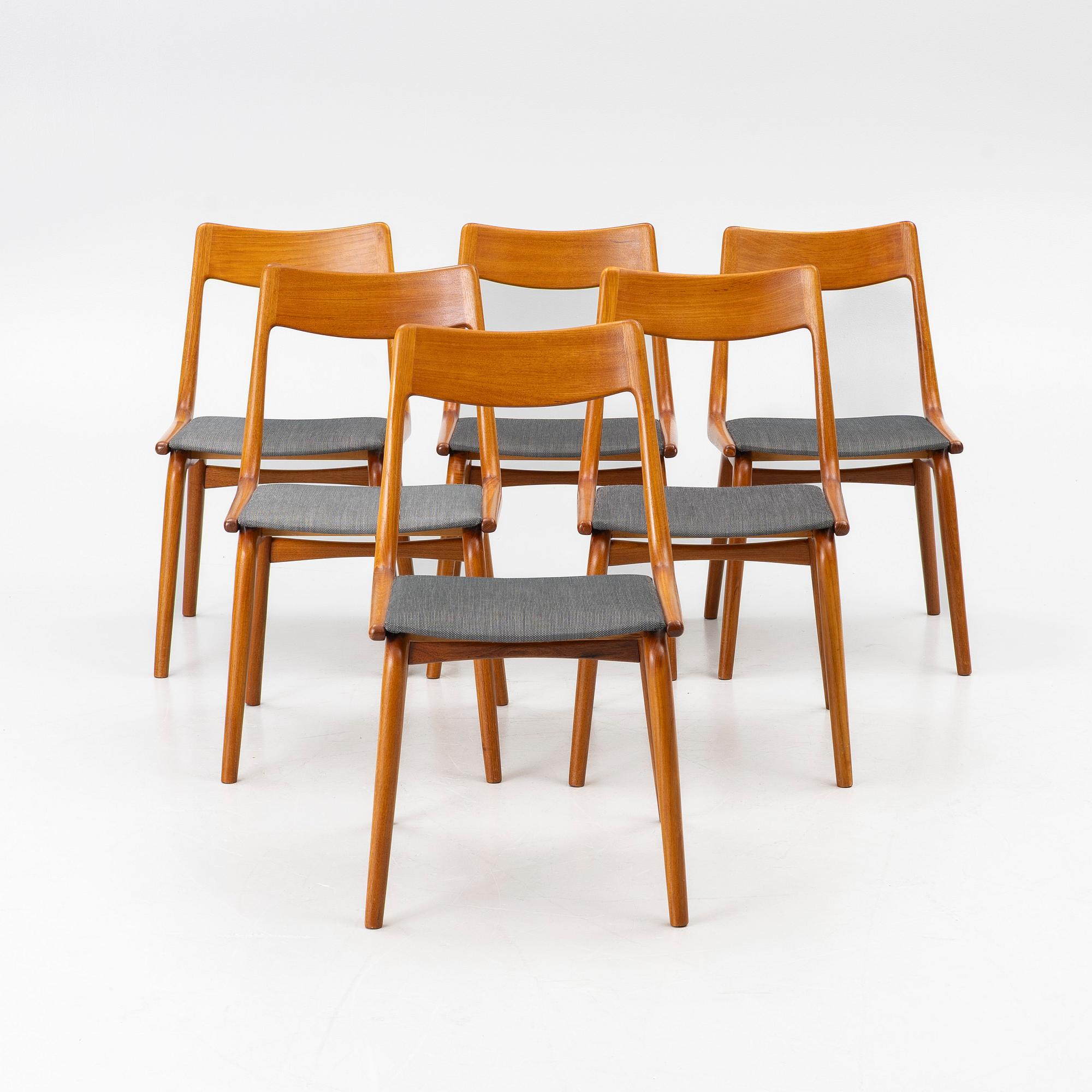 Niels Otto Møller, Alfred Christensen, six "Boomerang/370" chairs, Slagelse, Denmark, 1960s.