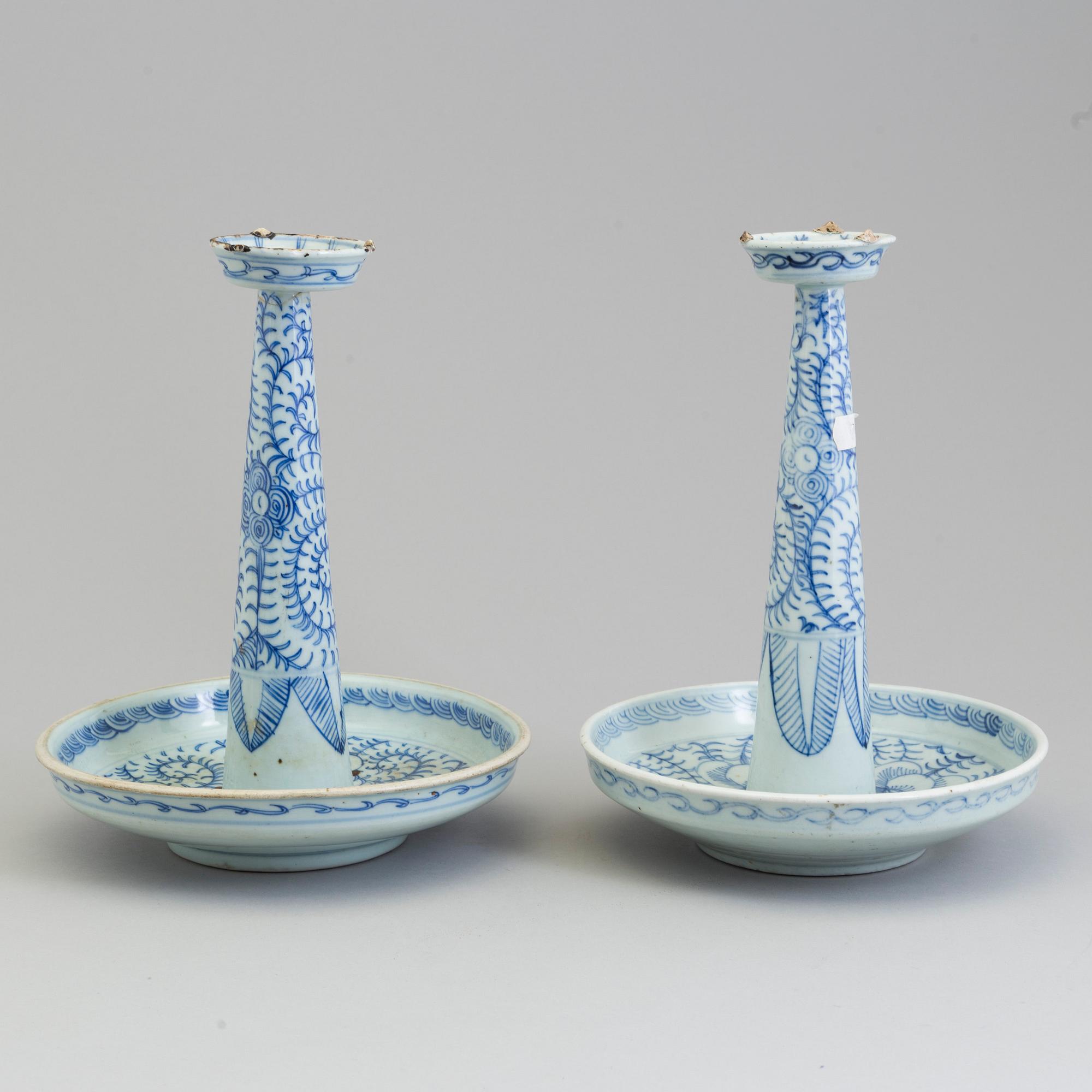 A large pair of Chinese blue and white porcelain incense holders/candle holders, Qing dynasty, 19th century.