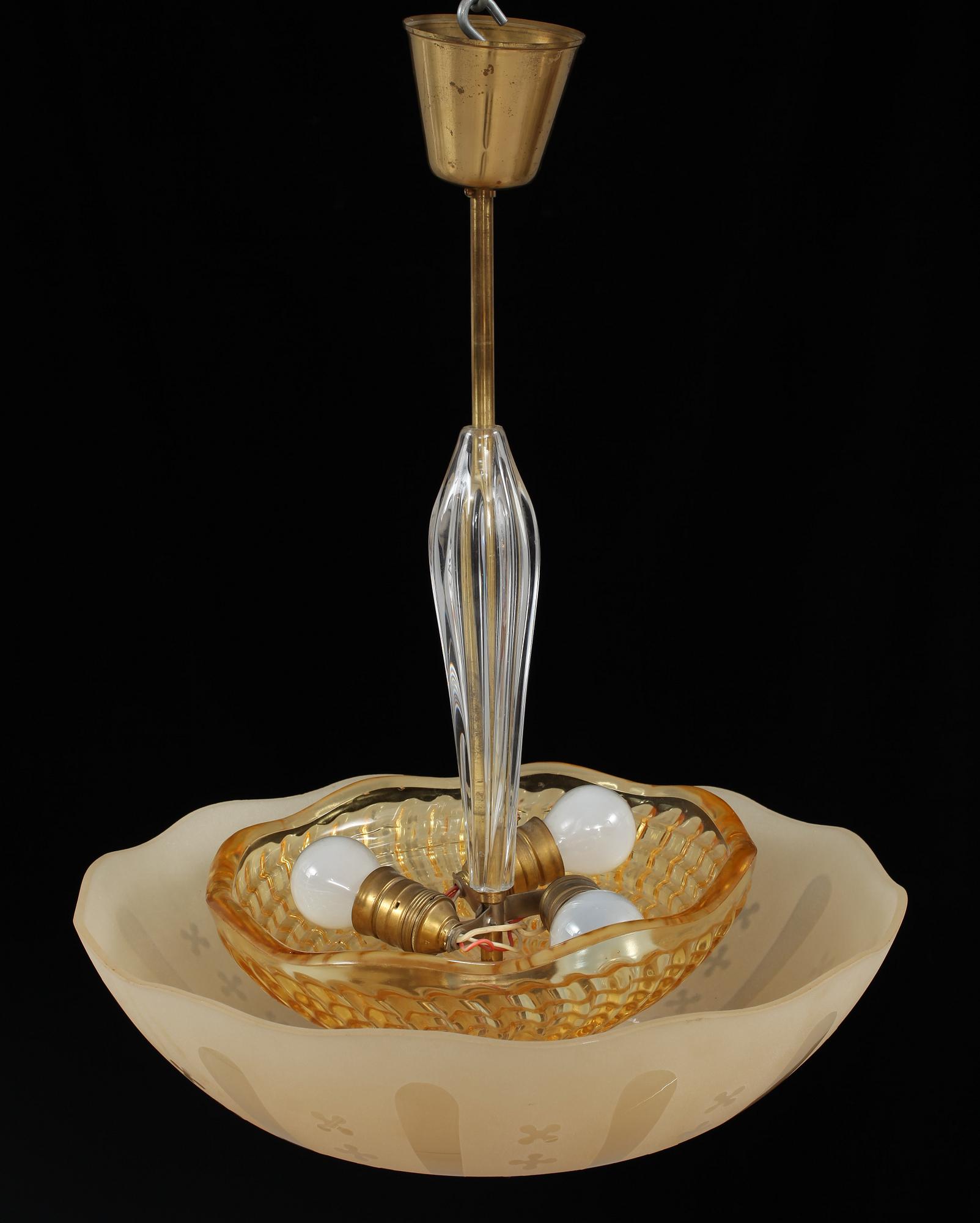 TAKLAMPA, glas, Orrefors, 1930/40-tal.