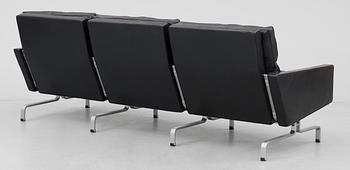 A Poul Kjaerholm black leather and steel base "PK-31-3" sofa, maker's mark E Kold Christensen, Denmark.