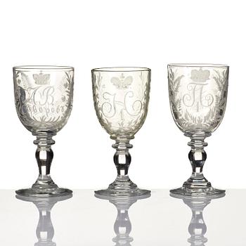 A set of three commemorative Russian glasses, late 19th century.