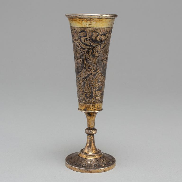 A Russian 19th century silver-gilt and niello champagne flute, unidentified makers mark, Moscow first half of 19th c.