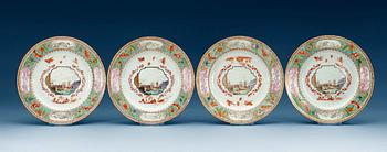 1413. TALLRIKAR, fyra stycken, kompaniporslin. Qing dynastin, Qianlong (1736-95).