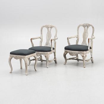 Karmstolar, ett par, rokokostil, 1900-talets andra hälft.