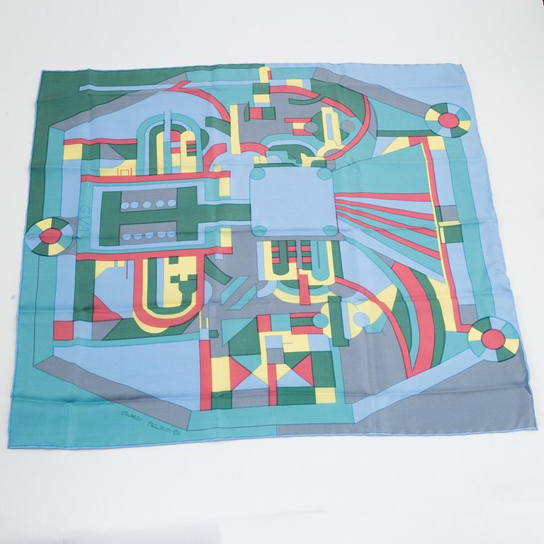 Eduardo Paolozzi, silkscreen in colours, 1986, signed and a scarf and brooches.
