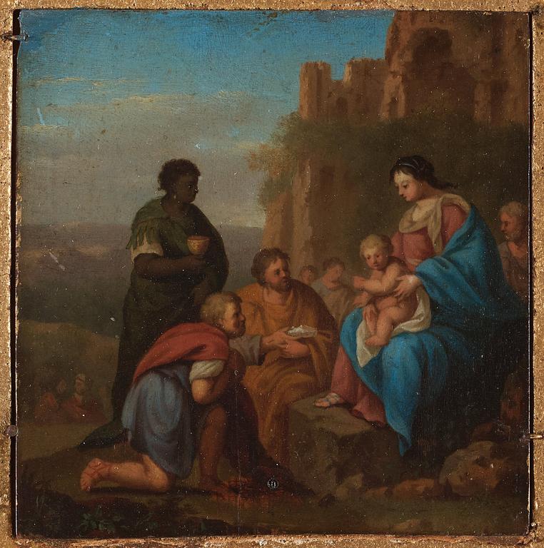 Cornelis van Poelenburgh Attributed to, 3 pictures with the madonna, antique scenes.