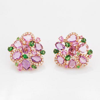 Pink sapphire, tsavorite and diamond earrings.