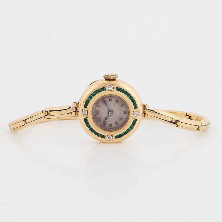 18K gold, old-cut diamond, emerald ladies watch.