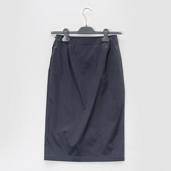 Prada, A dark grey silk-mix skirt and top.