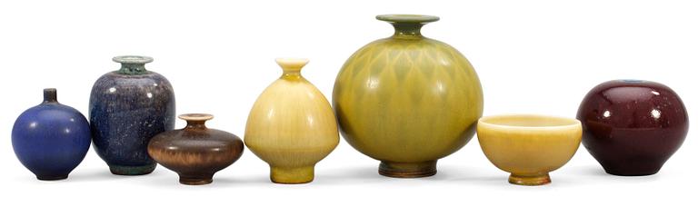 Six Berndt Friberg stoneware vases and one bowl, Gustavsberg studio.