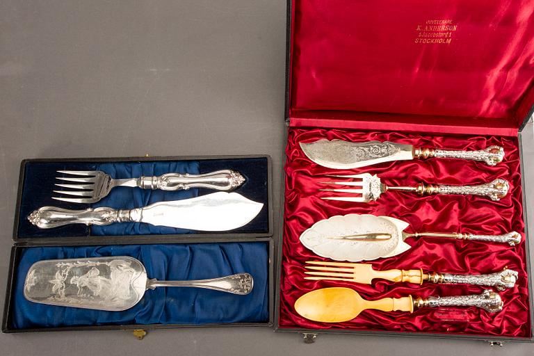 K ANDERSSON serveringsbestick 5 + 2 + 1 st silver (och nysilver) Stockholm 1896.