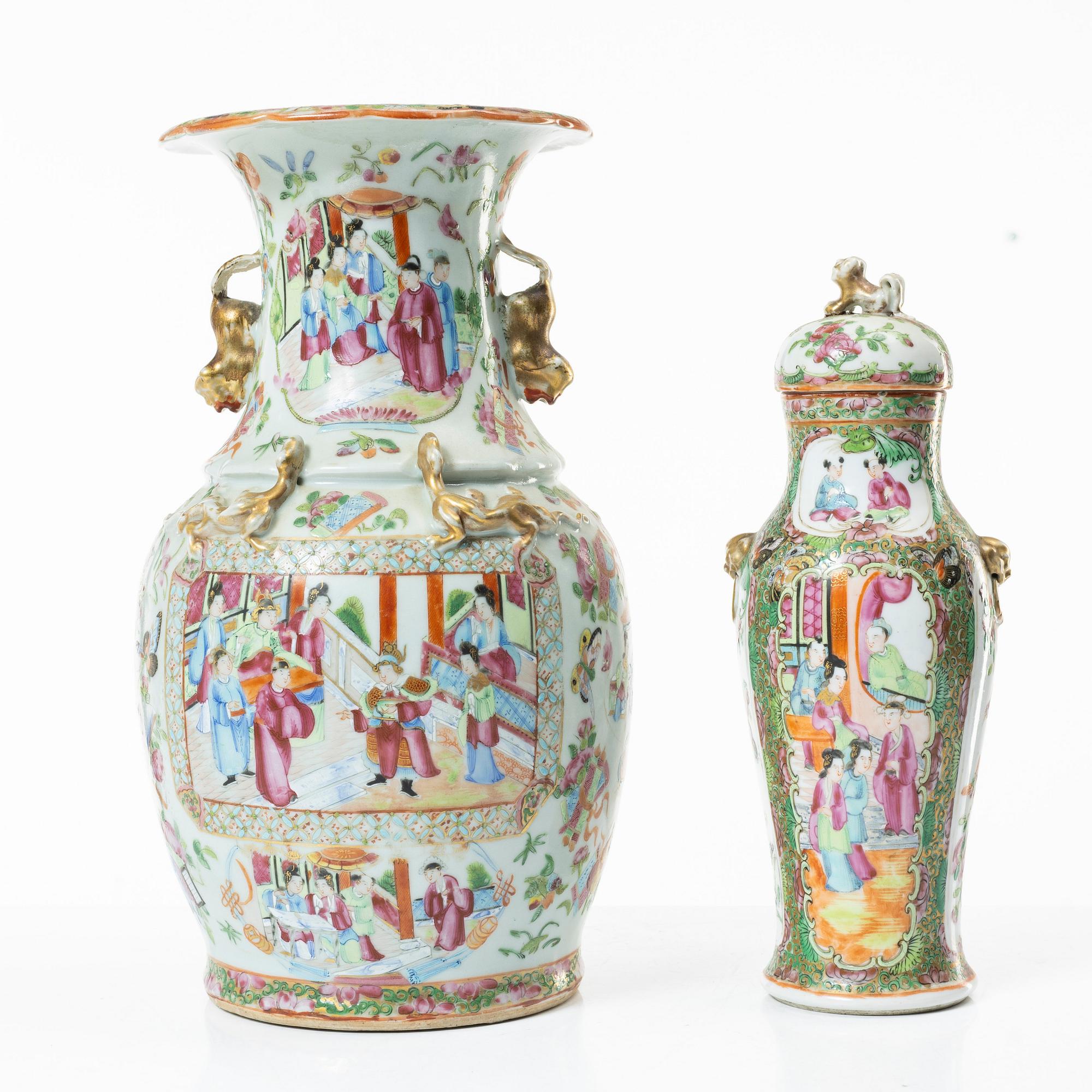 A famille rose vase with cover and a vase, Qing dynasty, Kanton, 19th century.