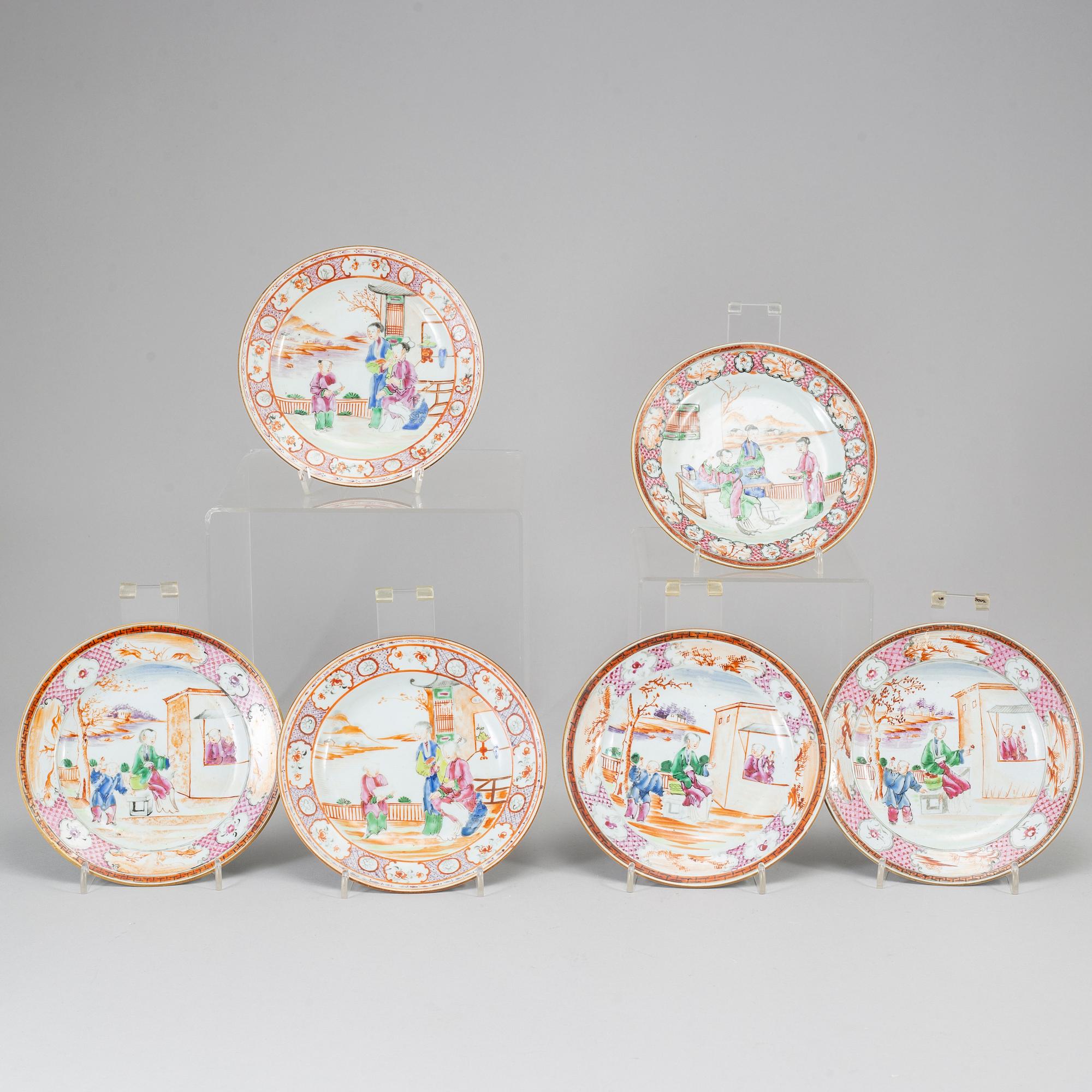 ASSIETTER, sex stycken, kompaniporslin. Qingdynastin, Qianlong (1736-95).