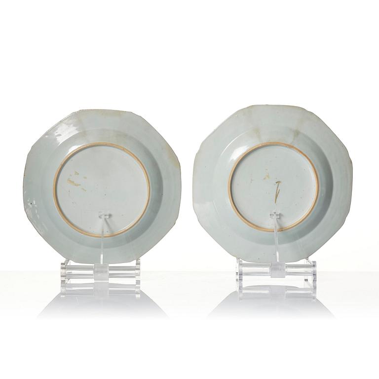 A set of six famille rose double peacock plates, Qing dynasty, Qianlong (1736-95).