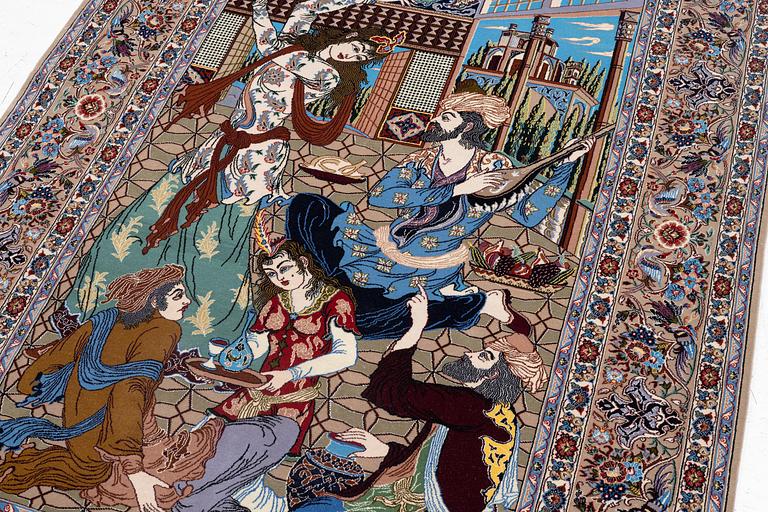 A pictoral Isfahan rug, part silk, c. 241 x 155 cm.