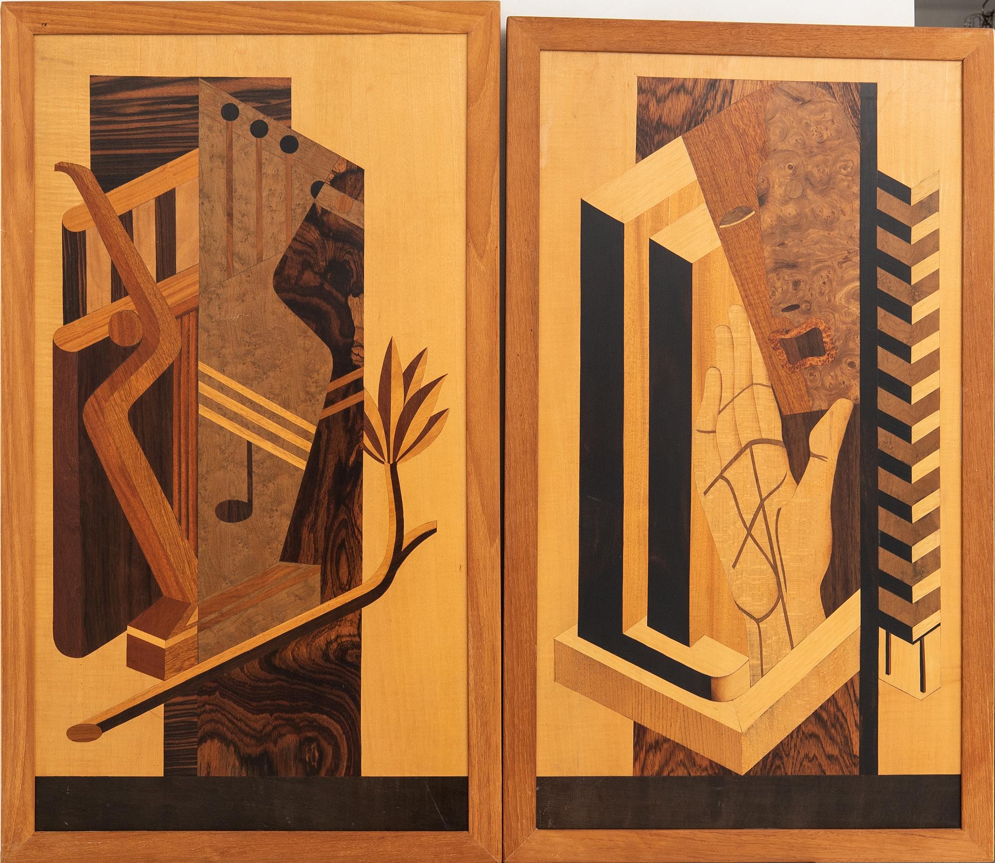 Wall panel a pair of Swedish Modern 1930s/40s possibly Mjölby Intarsia.