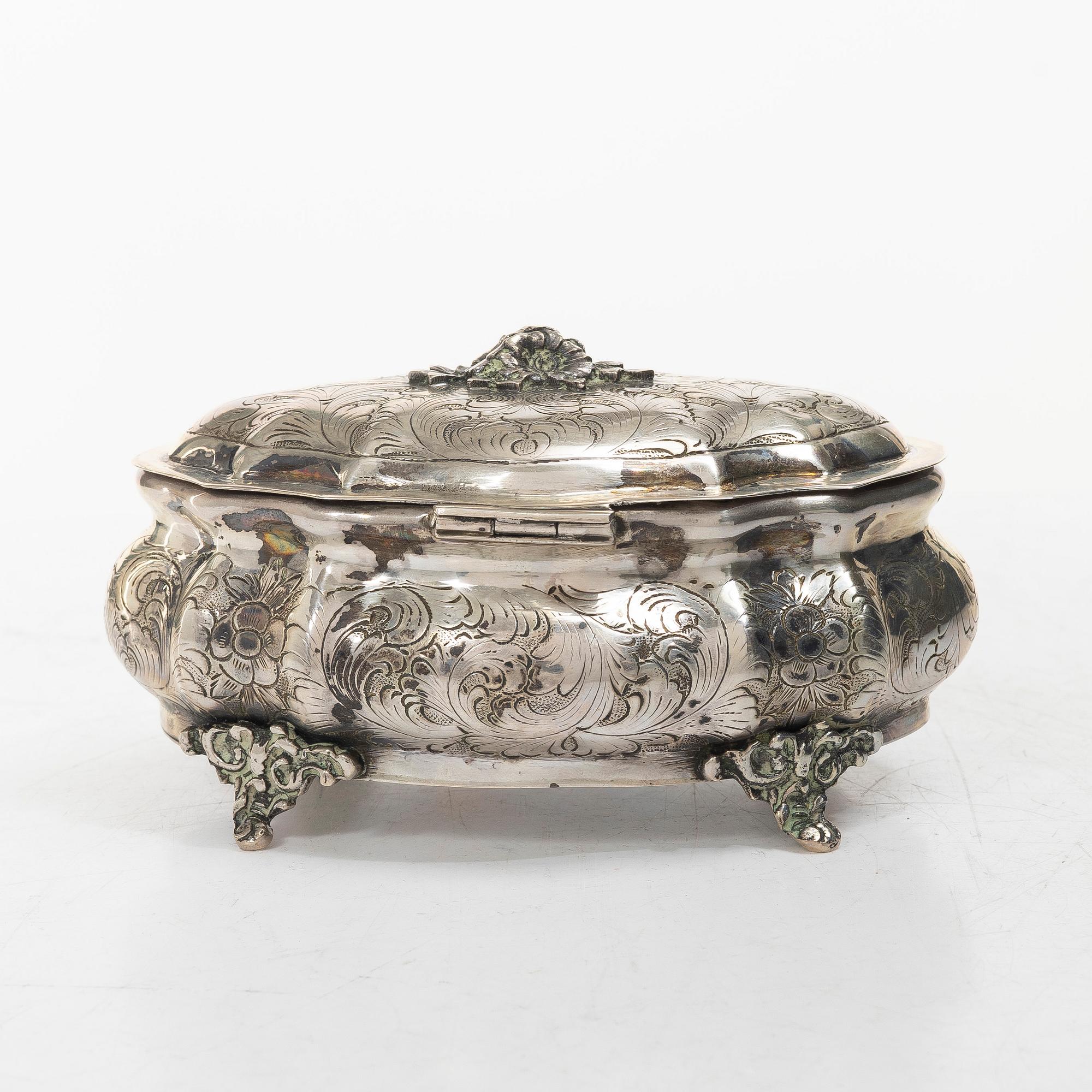 Sugar box, silver, Rococo style, Swedish import mark.