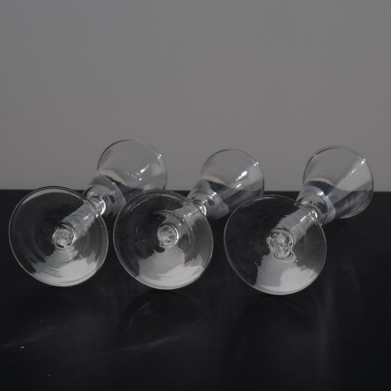 A matched set of six champagne flutes, England, 18th Century.