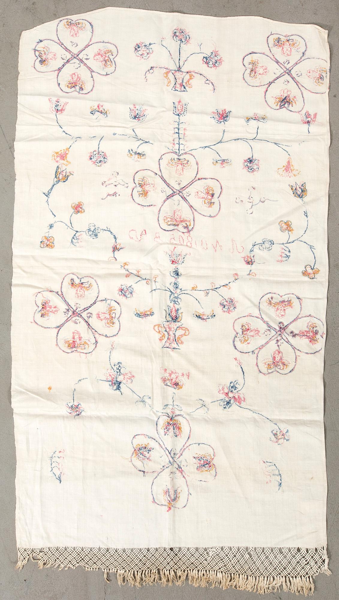 Embroidered textile dated 1805, linen, approximately 135x74 cm.