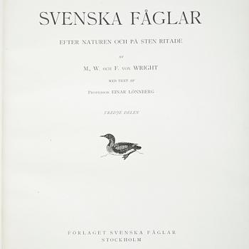 BÖCKER, 3 volymer, "Svenska Fåglar", M,W & F von Wright, Stockholm, 1924 (2) och 1929.