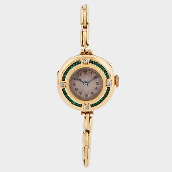 18K gold, old-cut diamond, emerald ladies watch.