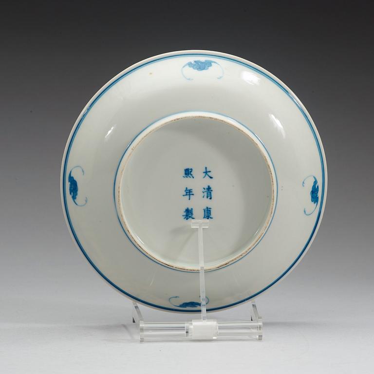 A blue and white lotus dish, Republic (1912-49) with Kangxi six character mark.