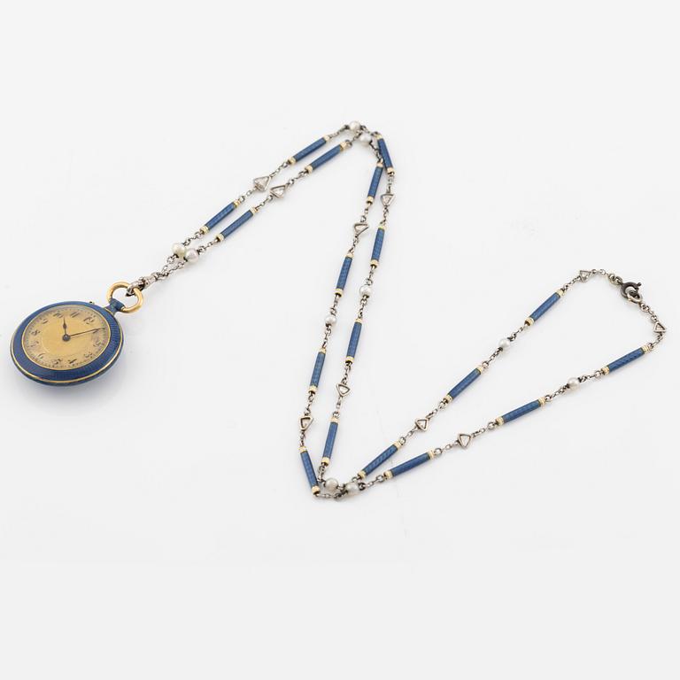 Pocket watch, enamel with diamond, with a chain featuring enamel bars, triangular diamonds, and pearls.