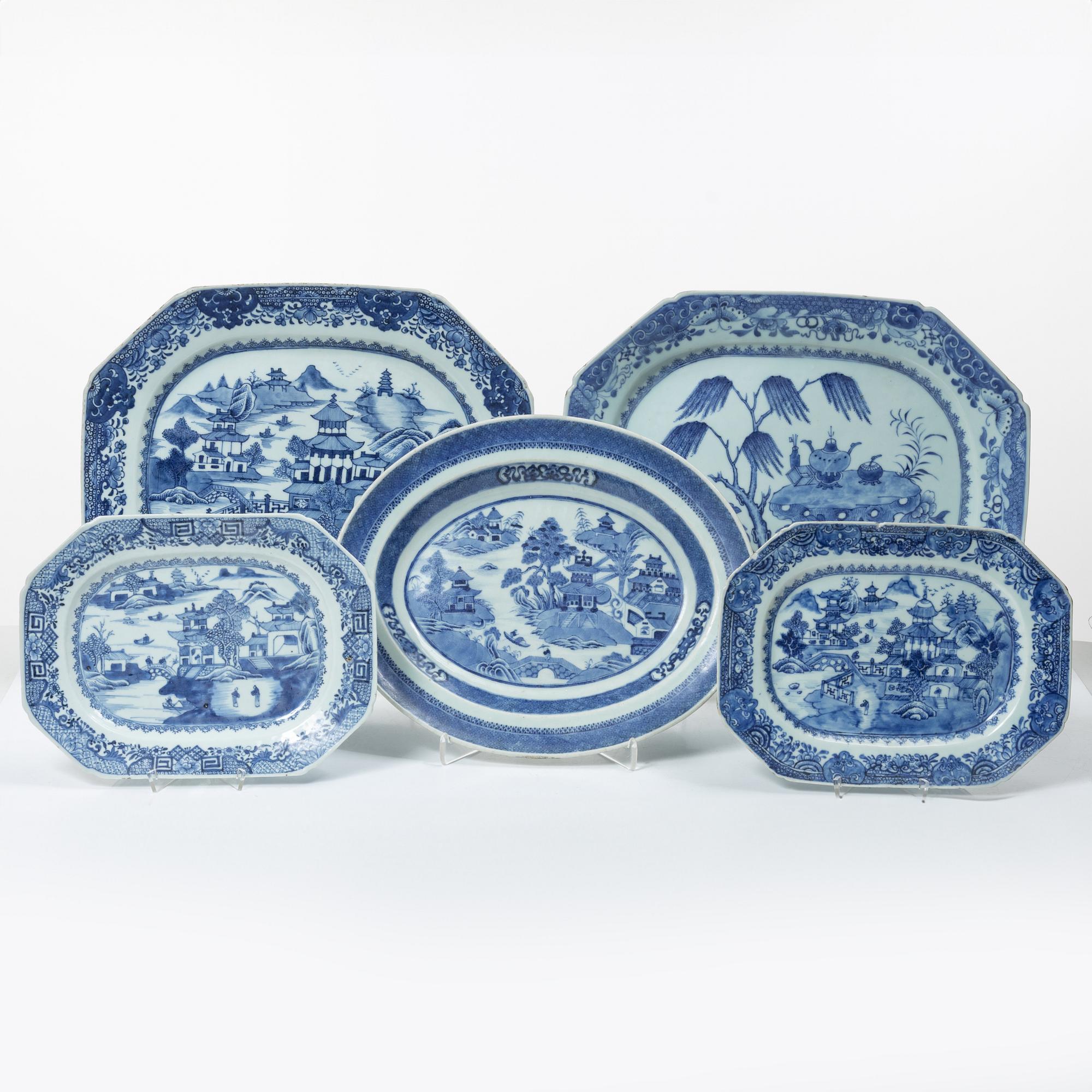 A group of five Chinese blue and white porcelain serving dishes, Qing dynasty, 18th century and around 1800.